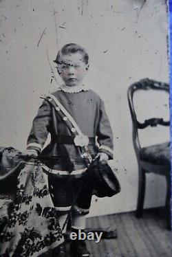 Civil War Era Child Soldier Tintype Cap in Hand Tinted Scratched Drummer Boy