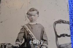 Civil War Era Child Soldier Tintype Cap in Hand Tinted Scratched Drummer Boy