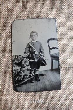 Civil War Era Child Soldier Tintype Cap in Hand Tinted Scratched Drummer Boy