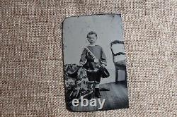 Civil War Era Child Soldier Tintype Cap in Hand Tinted Scratched Drummer Boy