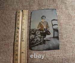 Civil War Era Child Soldier Tintype Cap in Hand Tinted Scratched Drummer Boy