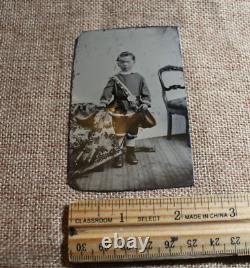 Civil War Era Child Soldier Tintype Cap in Hand Tinted Scratched Drummer Boy