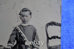 Civil War Era Child Soldier Tintype Cap in Hand Tinted Scratched Drummer Boy