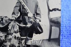 Civil War Era Child Soldier Tintype Cap in Hand Tinted Scratched Drummer Boy