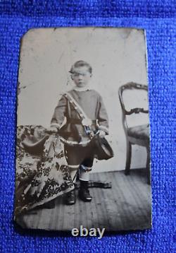 Civil War Era Child Soldier Tintype Cap in Hand Tinted Scratched Drummer Boy