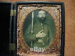 Civil War Gutta Percha Photo Case of Confederate Soldier With Musket & Sidearm