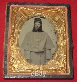 Civil War Rose Ambrotype of Soldier wearing Overcoat Kepi & Rubberized Havelock