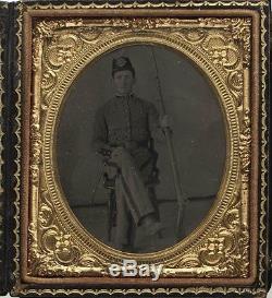 Civil War Sixth Plate Tintype Armed soldier wearing Shako