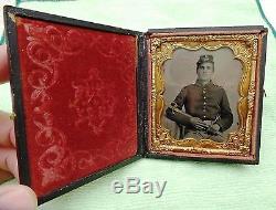 Civil War Soldier 1/6 Plate Ambrotype Photo Sword & Revolver Gold Tint Superb
