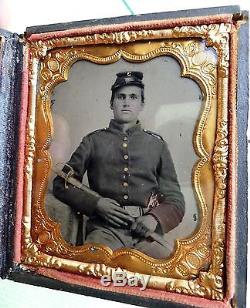 Civil War Soldier 1/6 Plate Ambrotype Photo Sword & Revolver Gold Tint Superb