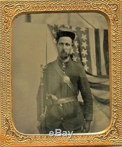 Civil War Soldier Double Armed with REAL American flag as backdrop