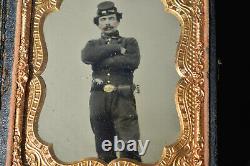 Civil War Soldier Officer 1/6 Ambrotype Photo Kepi, Colt Pistol, Bayonet RARE