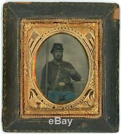 Civil War Soldier, Quadruple Armed, Tinted Tintype, in Wall Frame