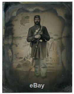 Civil War Soldier Tinted Quarter Plate Tintype, Rifle, Backdrop with Flag Flying