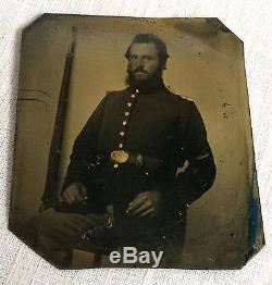 Civil War Soldier Tintype With Gun 2 3/4 x 3 Antique Photo In Uniform
