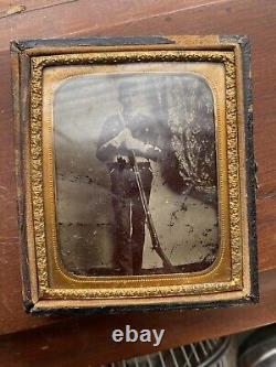 Civil War Soldier With Gun Tin Type In Frame Estate Item
