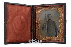 Civil War Soldier holding his Musket -Original Tin Type Photo c. 1863 1/6 Plate