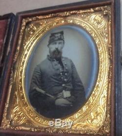 Civil War Soldier in Uniform Holding Sword Inlaid Daguerreotype