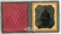 Civil War Soldier with Revolver, Musket, Cap Box, Flag on Table, Camp Backdrop