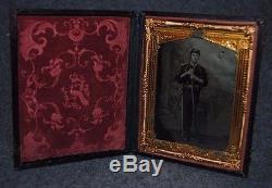 Civil War Soldier withMusket Bayonet 1/9 Plate Tintype Case withMat #Q