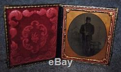 Civil War Soldier withMusket Bayonet 1/9 Plate Tintype Case withMat #R