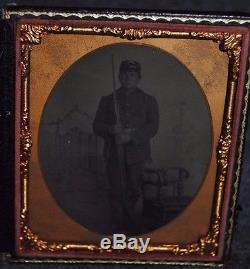 Civil War Soldier withMusket Bayonet 1/9 Plate Tintype Case withMat #R
