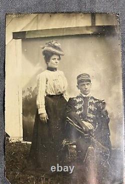 Civil War Tintype Photo Uniformed Soldier Officer With Wife & Sword By Tent Read