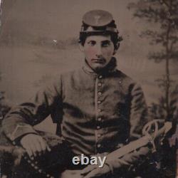 Civil War Tintype Soldier Holding Cavalry Saber Studio Background Tax Stamp