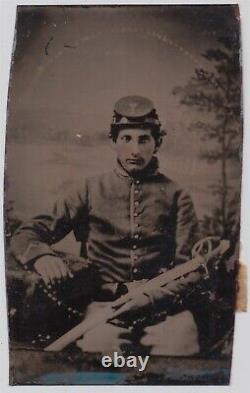 Civil War Tintype Soldier Holding Cavalry Saber Studio Background Tax Stamp