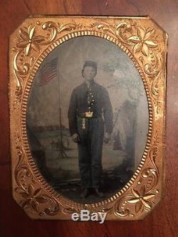 Civil War Tintype Standing Union Soldier with tinted American Flag 1/4 Plate