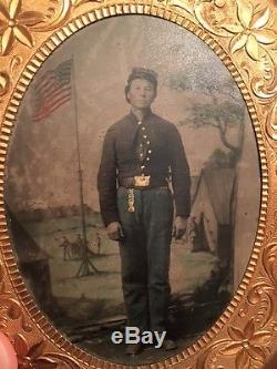 Civil War Tintype Standing Union Soldier with tinted American Flag 1/4 Plate