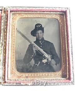 Civil War Tintype, Union Soldier With Rifle In Harder Hat, Antique Cased Photo