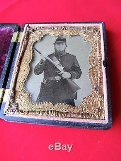 Civil War Tintype Union Soldier with 1855 Springfield Rifle and Frock Coat