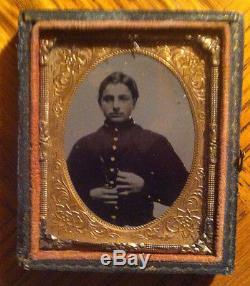 Civil War Tintype of young soldier- Condition VG- front cover missing