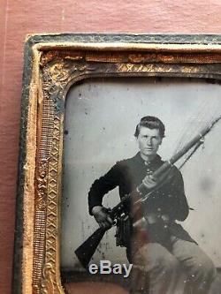 Civil War Union Soldier 6th 1/6 Plate Ambrotype Photo Uniform Rifle Half Case