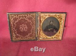 Civil War Union Soldier In Uniform Holding A Pistol Cased 1/6th Plate Tintype
