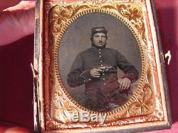 Civil War Union Soldier In Uniform Holding A Pistol Cased 1/6th Plate Tintype