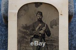Civil War Union Soldier Rifle & Flag Tintype Identified 144 New York 3 x 2 1/4