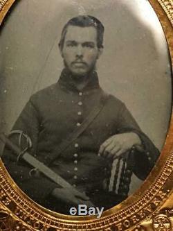 Civil War Union Soldier Sitting with Sword Tintype Photo