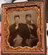 Civil War ambrotype of two Union soldier pards with their cool pipes half case