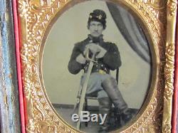 Civil War color tinted cavalry soldier holding sword tintype photograph & others