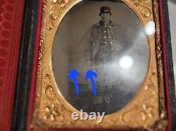 Civil War quarter plate tintype of Union soldier in winter garb with huge pants