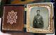 Civil War sixth plate tintype of armed soldier in nice geometric union case