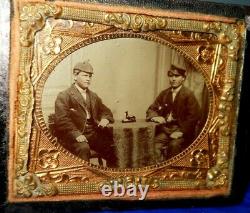 Civil War soldier and friend 1/9th size Tintype in half case