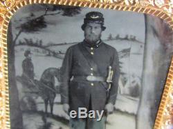 Civil War soldier standing in front of interesting backdrop tintype photograph