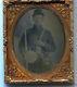Civil War soldier tintype sixth plate with rifle and canteen in half case