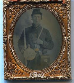 Civil War soldier tintype sixth plate with rifle and canteen in half case
