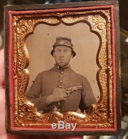Civil War tintype of soldier double armed with revolver and knife great shape