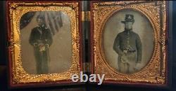 Civil war Union Cavalry soldiers 1/6 Tintypes & double Gutta Percha case