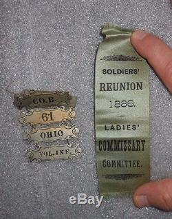 Co. B 61st Ohio Vol Inf. Civil War Ladder Badge & 1886 Soldier's Reunion Ribbon